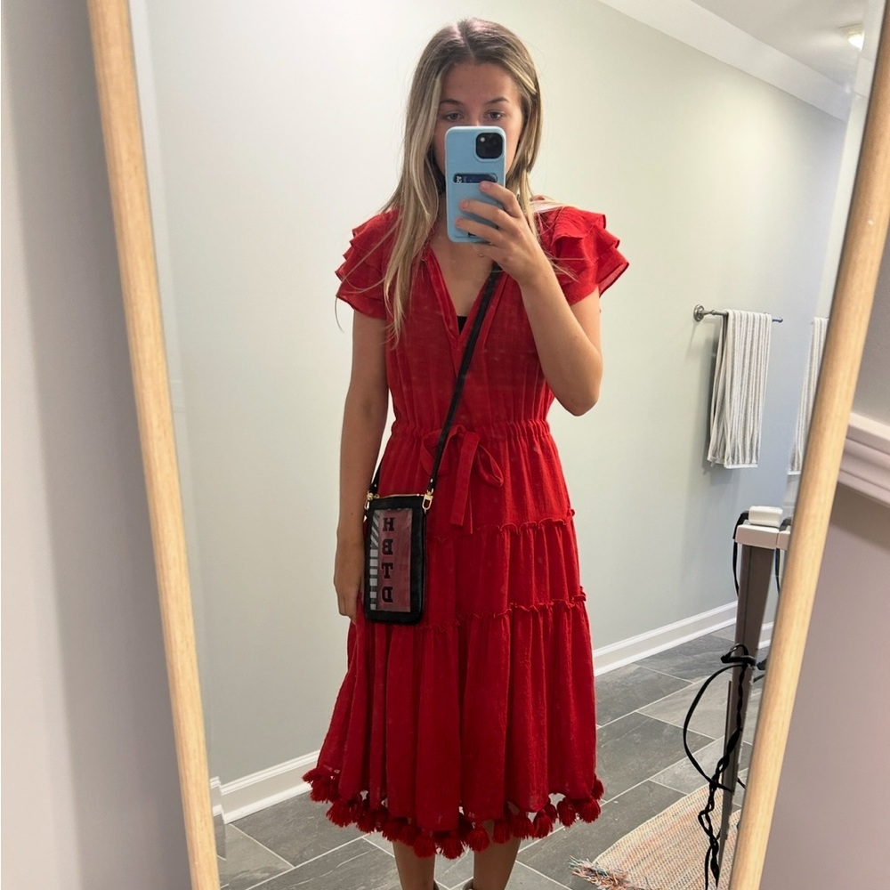 MISA Los Angeles Red Midi dress with tassels/pom poms